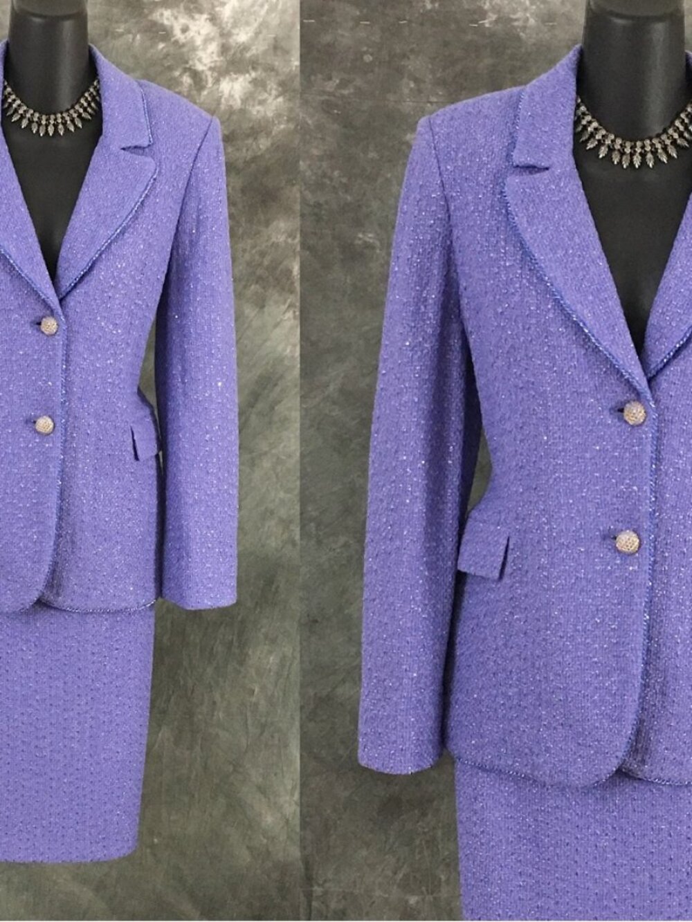 BEAUTIFUL St John evening knit lavender purple embellished skirt suit 6